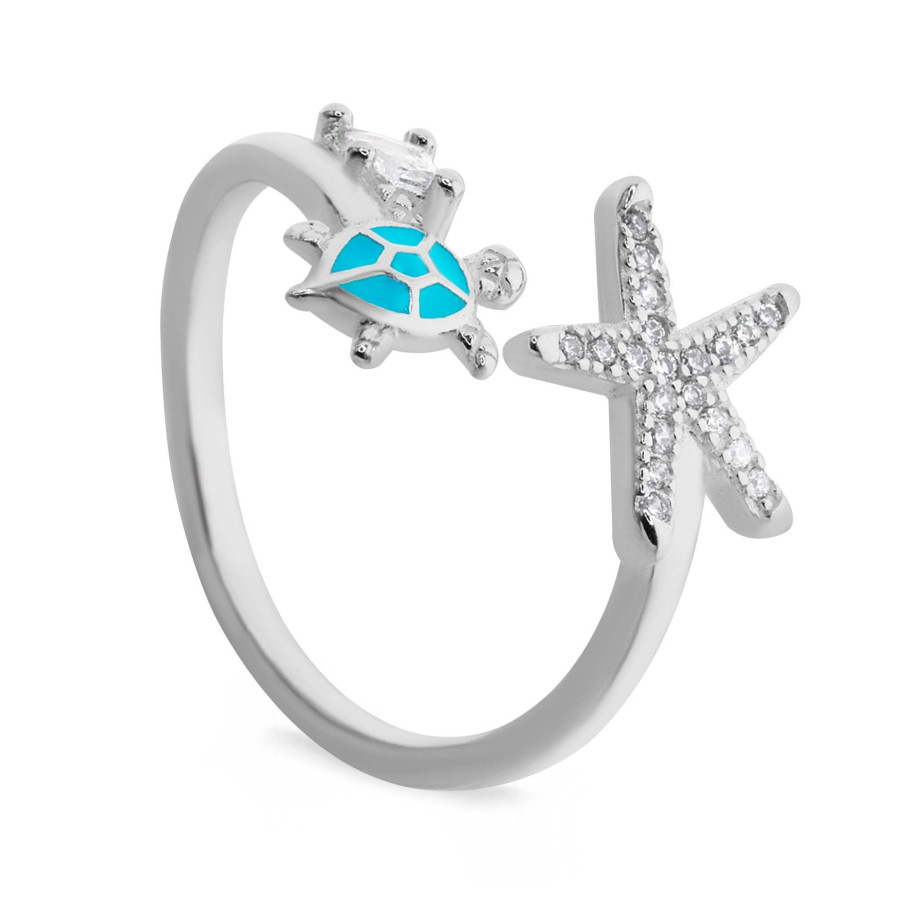 anillo de plata 925 diseno marino abierto con circon tortuga esmaltada y estrella de mar con circones