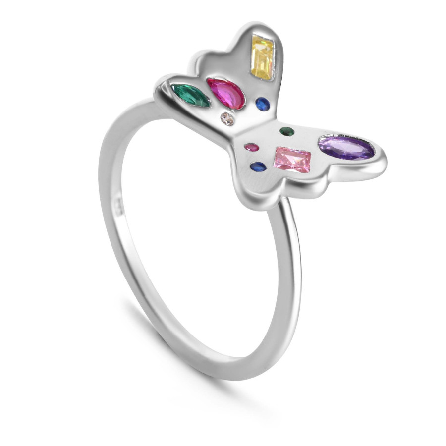 anillo de plata 925 diseno mariposa lisa con circones de colores