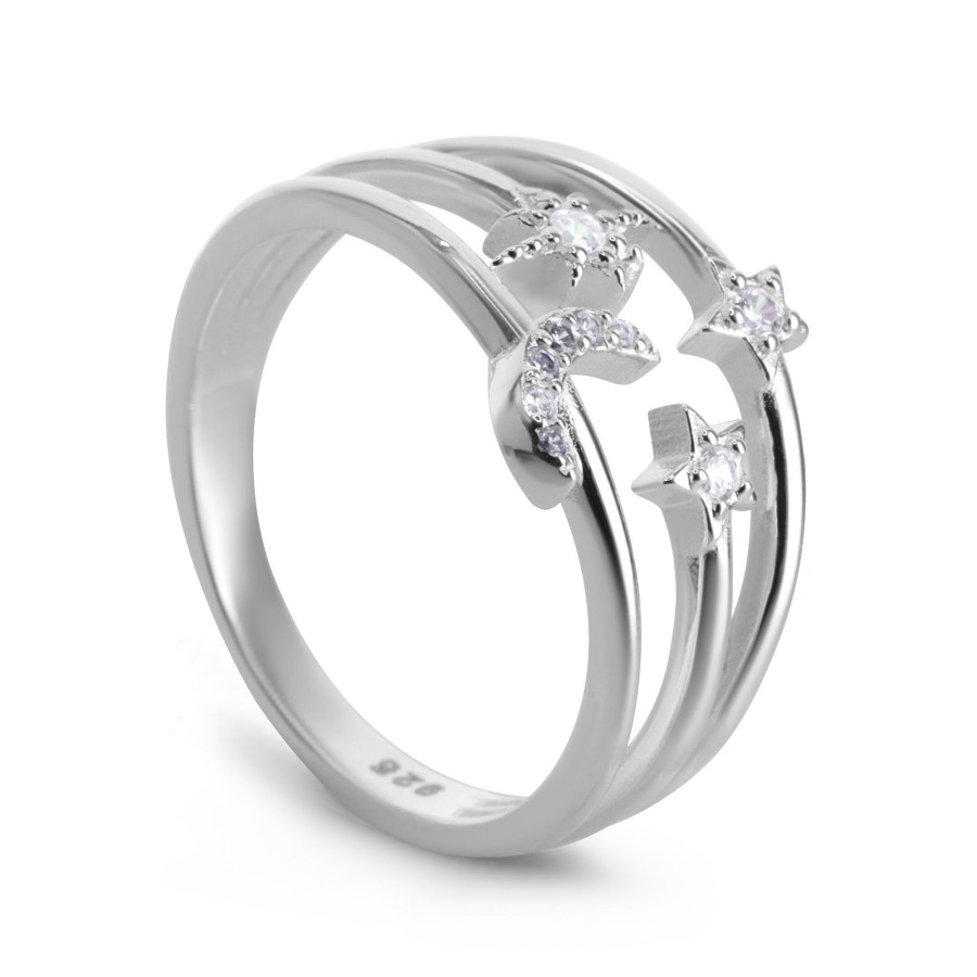 anillo de plata 925 triple banda lisa con trio de estrellas y luna de circones