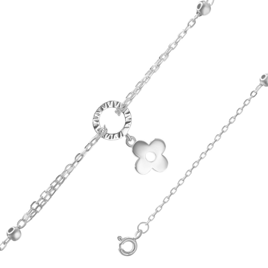 pulsera de plata 925 diseno doble cadena con figura circular trebol colgante y esferas